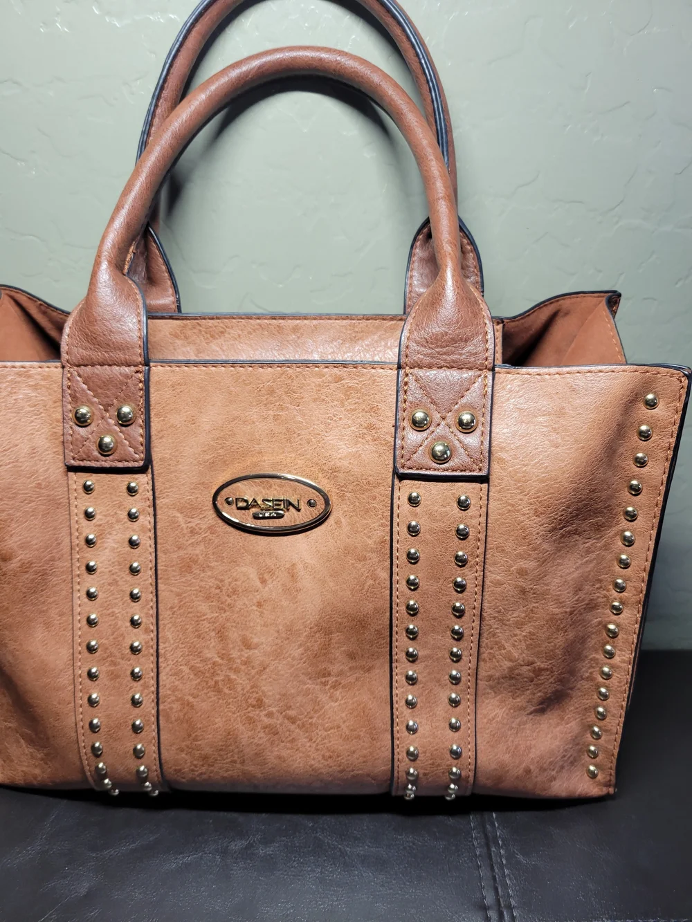 DaseinTan Studded Vegan Leather Satchel Bag - Elegant Everyday Carry